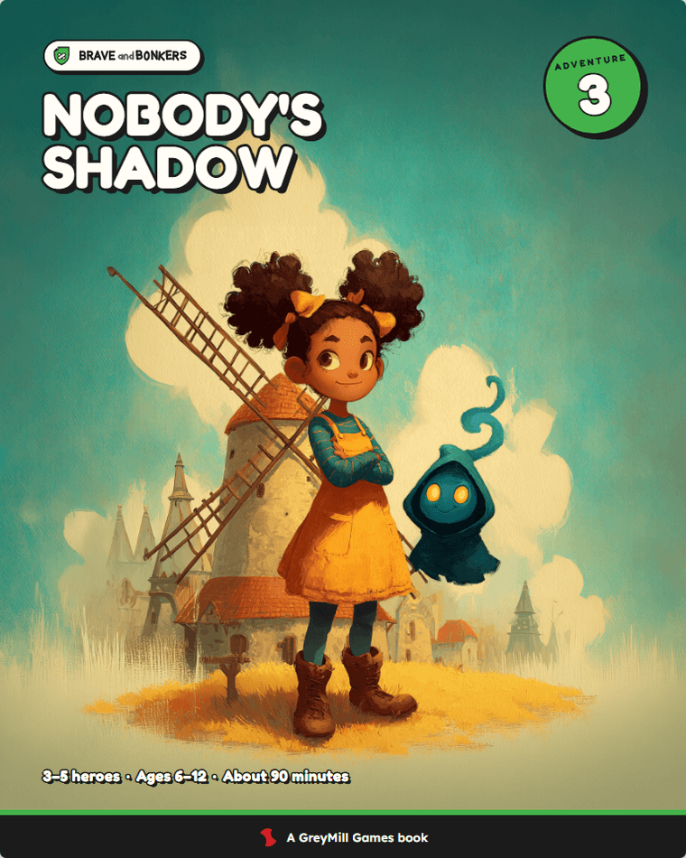 Nobody's Shadow, Adventure 3: Wren, arms folded in a sunny mill yard below an old windmill, beside a small hooded shadow with glowing eyes