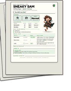 A stack of printed hero sheets