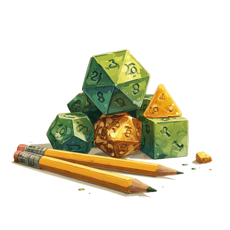 A set of RPG dice and two pencils